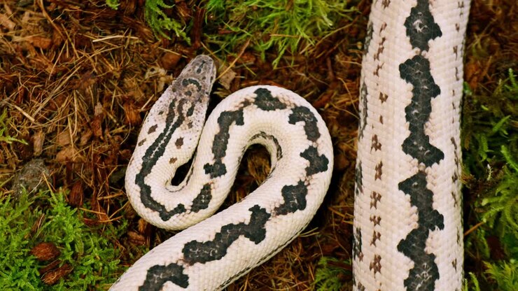 A white snake slithers slowly, showcasing its black patterned scales against a mossy ground