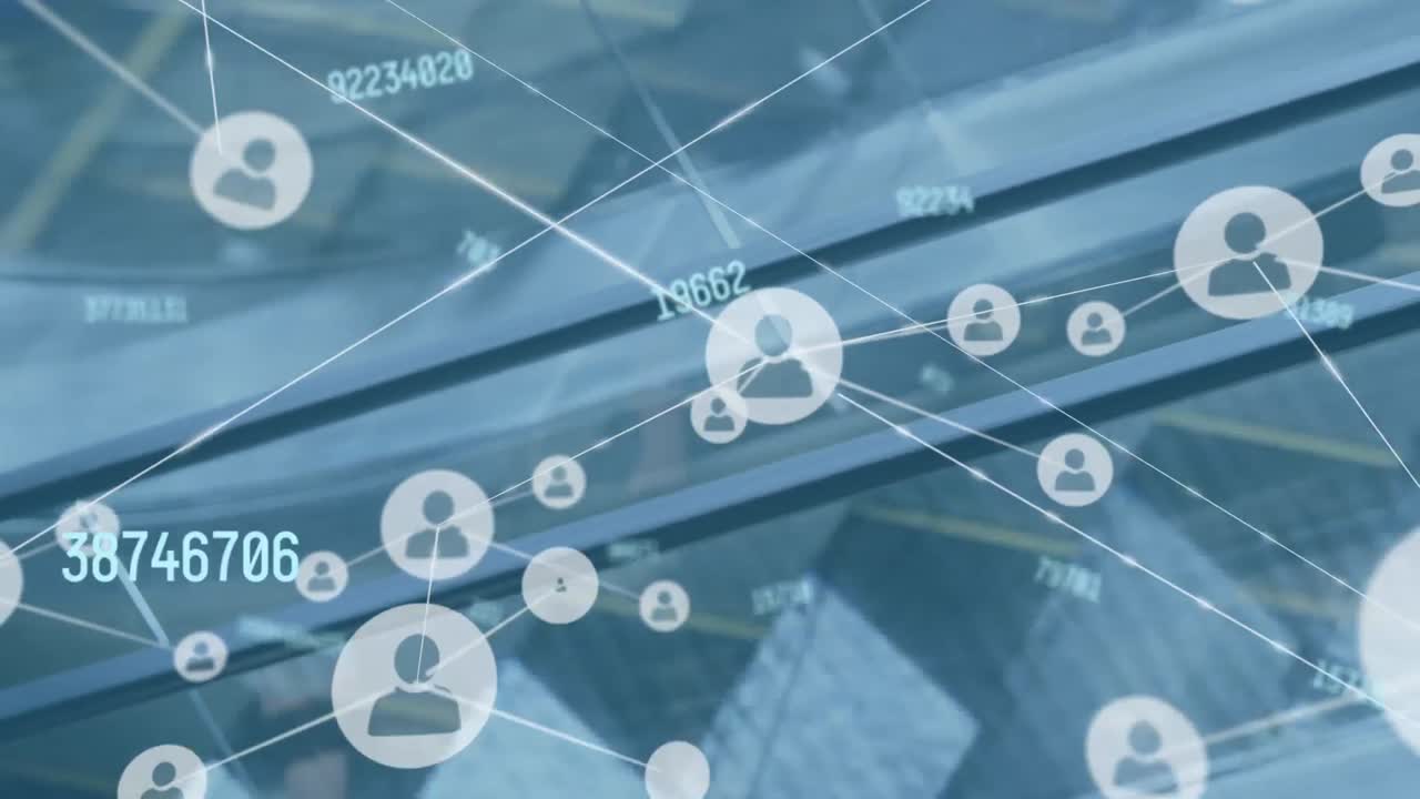 프로필 아이콘 네트워크의 애니메이션과 에스컬레이터를 사용하는 다양한 사업가에 대한 번호 변경