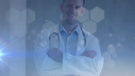 Animation-of-caucasian-male-doctor-and-data-processing-over-blue-background