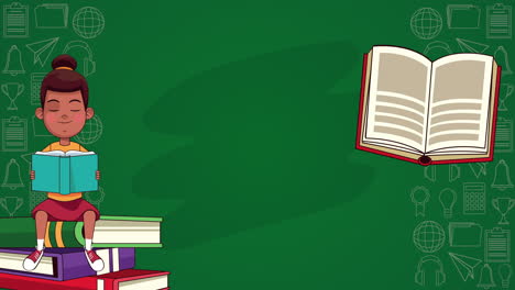 afro pequeña estudiante leyendo libros personaje animado