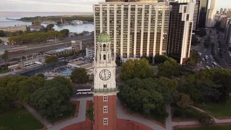 Orbit-aerial-view-of-top-of-Monumental-Tower,-Buenos-Aires