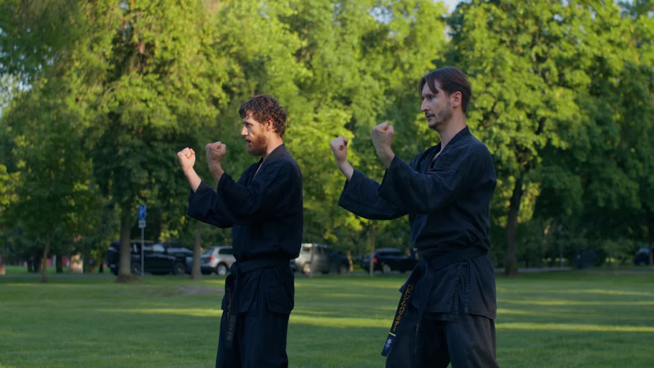Dois homens praticando artes marciais em um parque