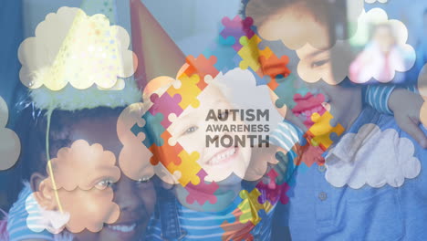 animation of autism awareness month text frame formed with puzzles over school children and clouds