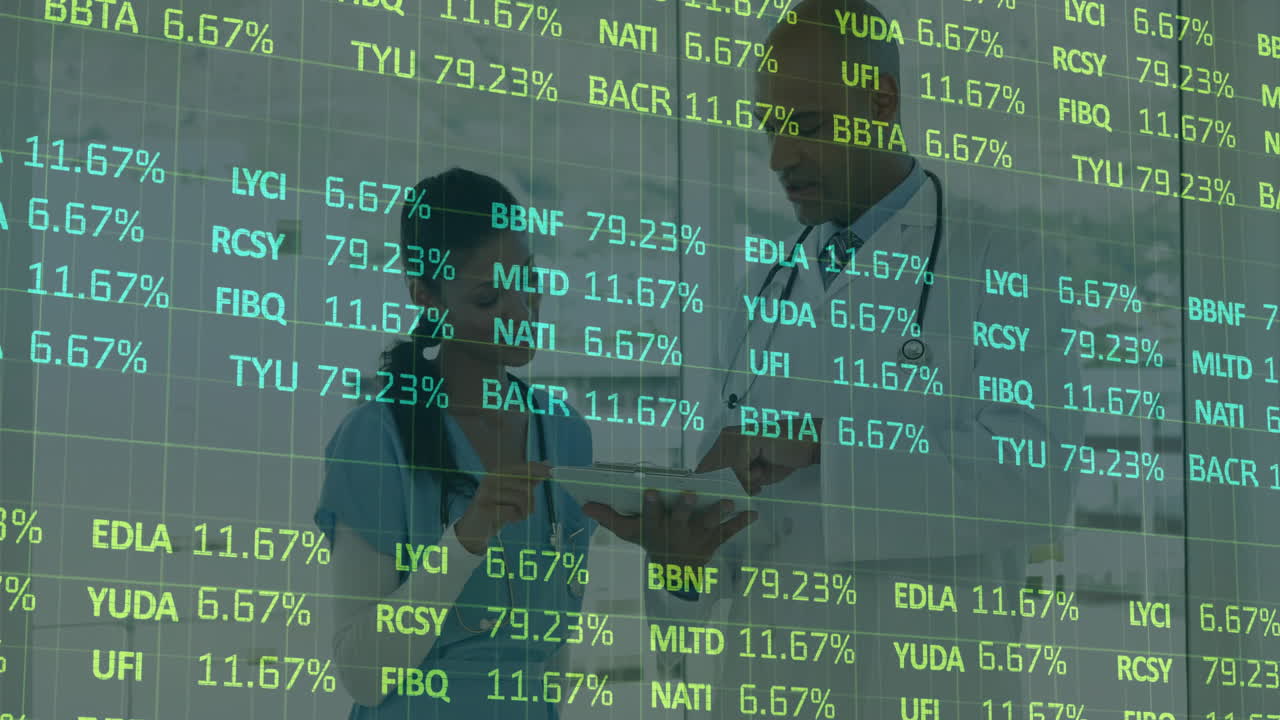 Discussing patient data, doctors with animation of stock market numbers overlay