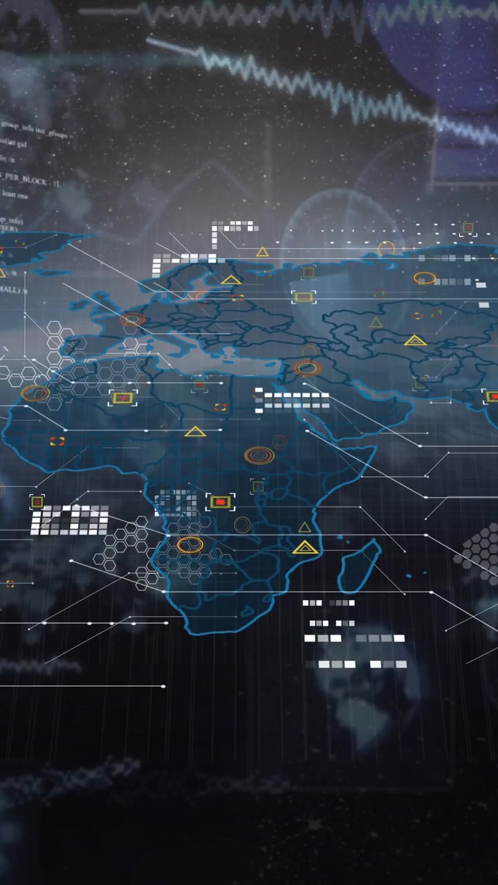 Animation of circuit board pattern over globes and computer language against abstract background