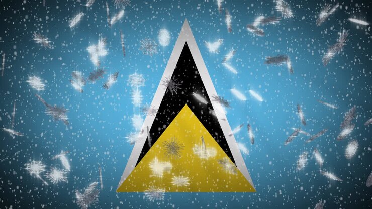 Saint Lucia flag falling snow loopable, New Year and Christmas background, loop