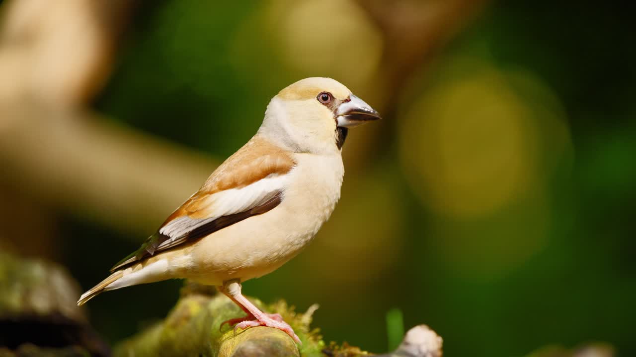 Hawfinch in forest of Friesland Netherlands beautiful sideview of bird launching off branch into flight