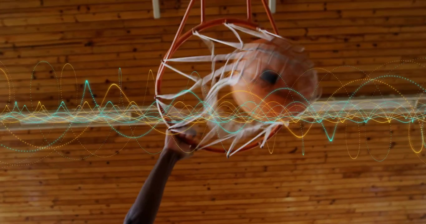 Giocatore di basket che inizia a palleggiare a metà campo, saltando e segnando con una sovrapposizione a forma d'onda.