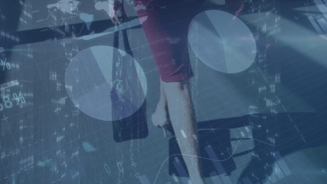 데이터 처리의 애니메이션 백인 사업가 여자가  ⁇ 고 있습니다.