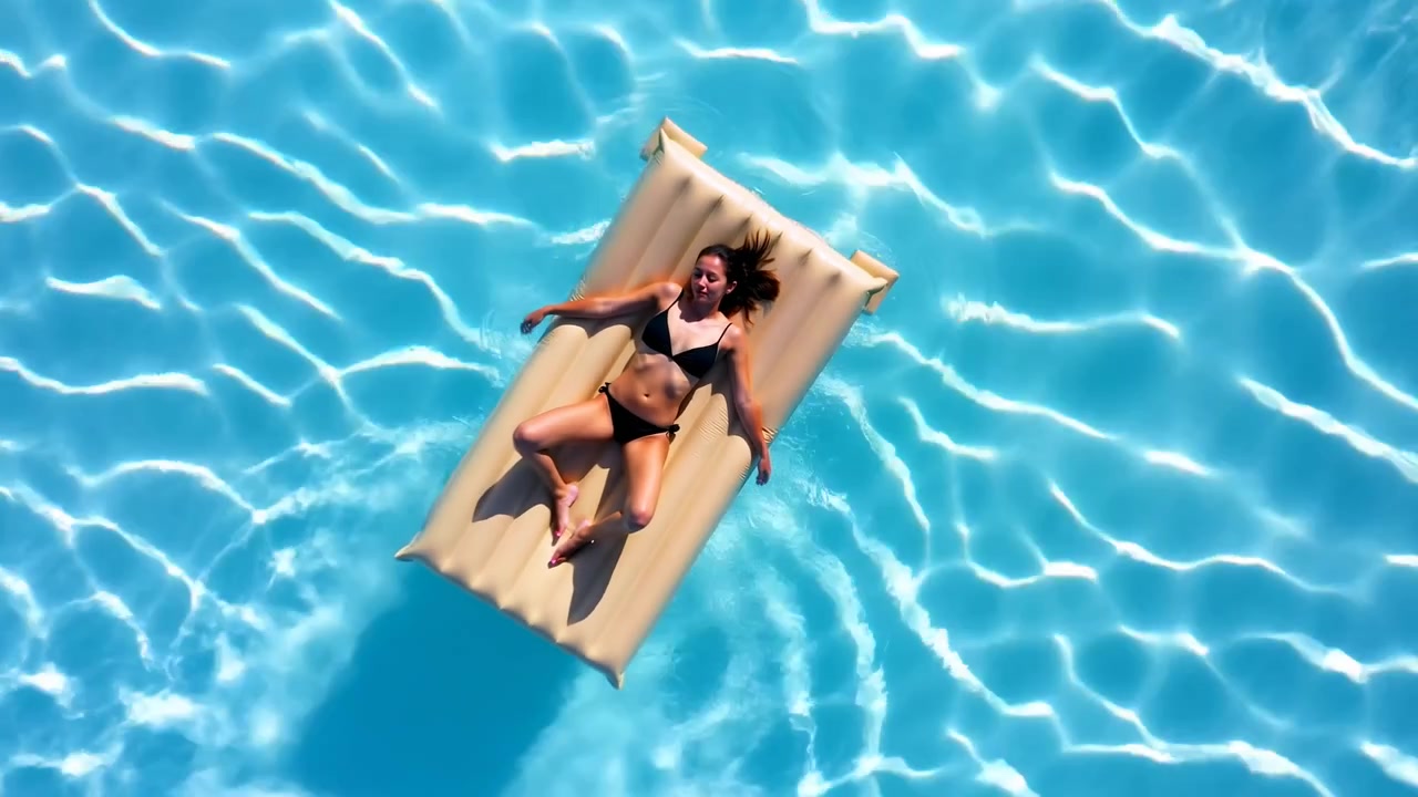 Overhead view gradually widens as woman in black swimwear rests on rectangular beige inflatable float in clear blue pool, while rippling sunlight patterns spread across water surface.