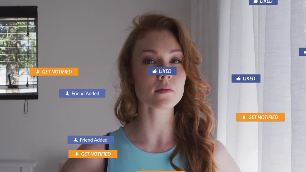 woman standing center against neutral wall, attracting social media marketing icons floating around