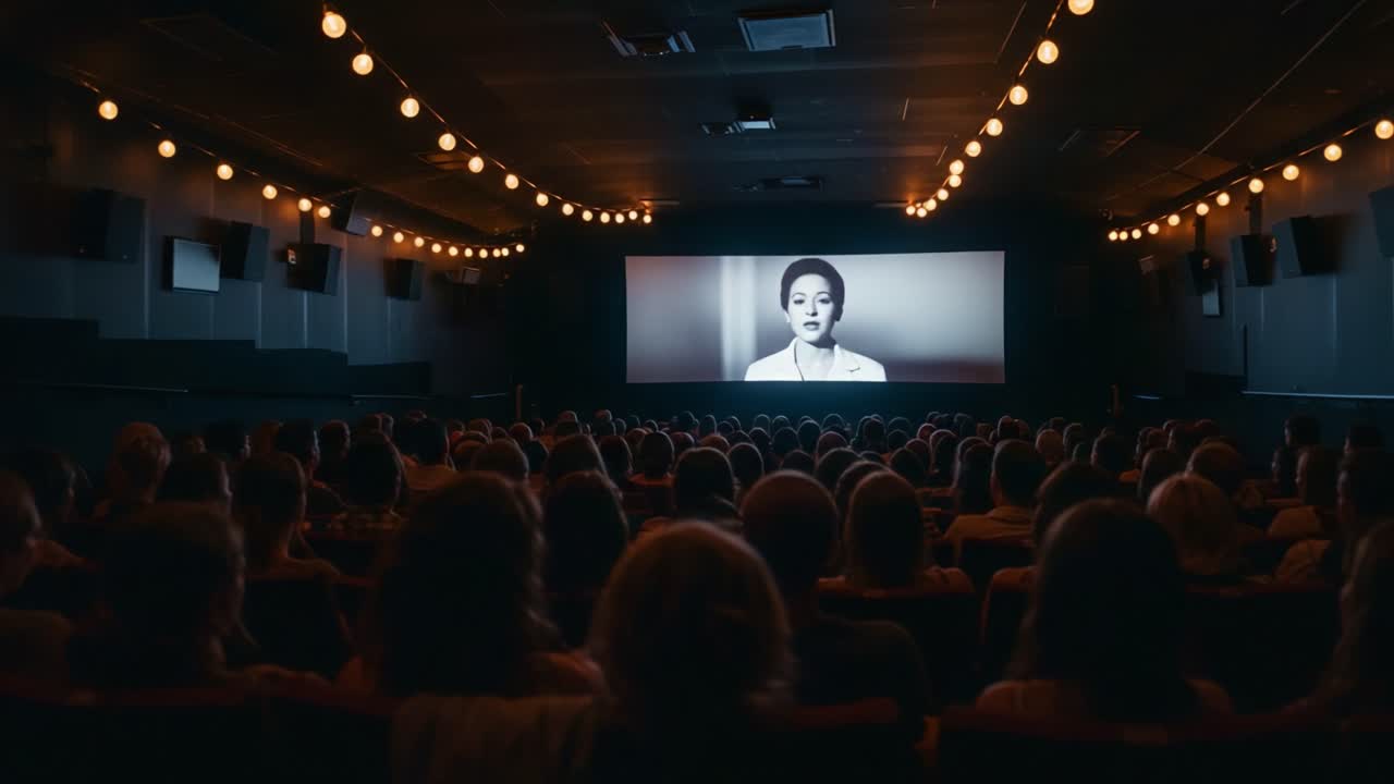 A Captivating Evening in a Vintage Cinema: Audience Immersed in Cinematic Magic with Black-and-White Film Experience