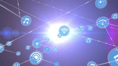 Animation-of-network-of-digital-icons-over-light-spot-against-purple-background