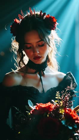 beautiful woman in gothic style dress with red roses