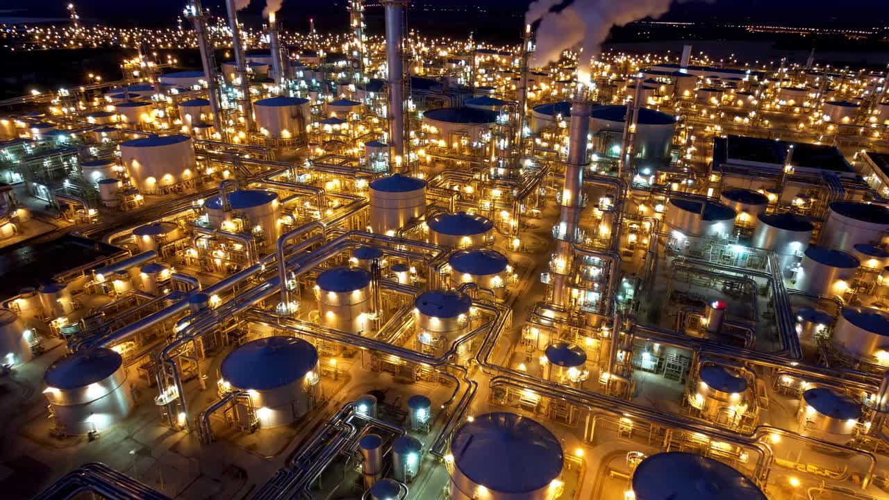 석유 화학 공장 의 야간 공중 사진