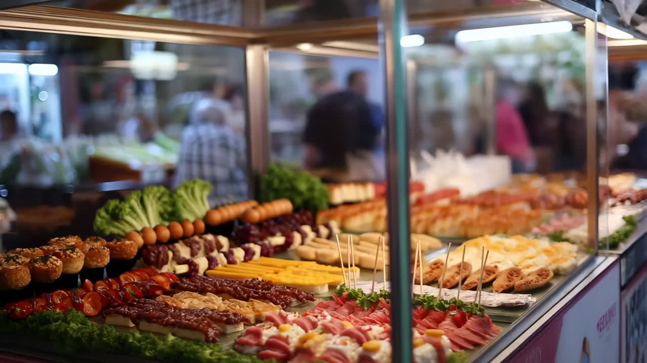Assorted street food and snacks in a display cabinet