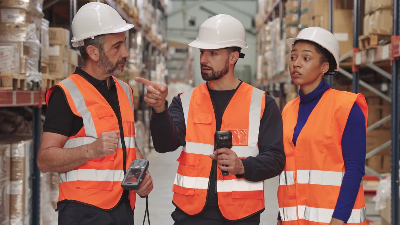 Warehouse Workers Discussing Inventory