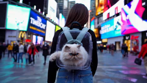cat in a transparent backpack in a city