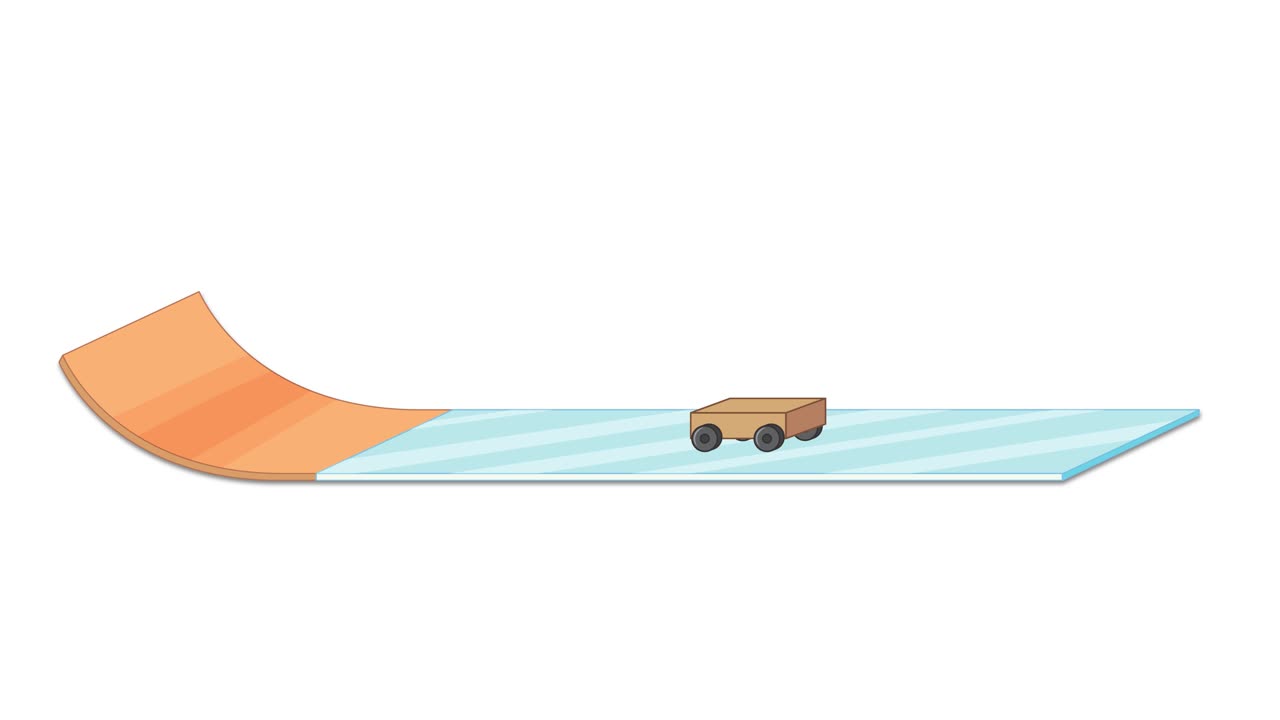 A small car moves along a curved, glass-like track with smooth transitions and minimalistic design