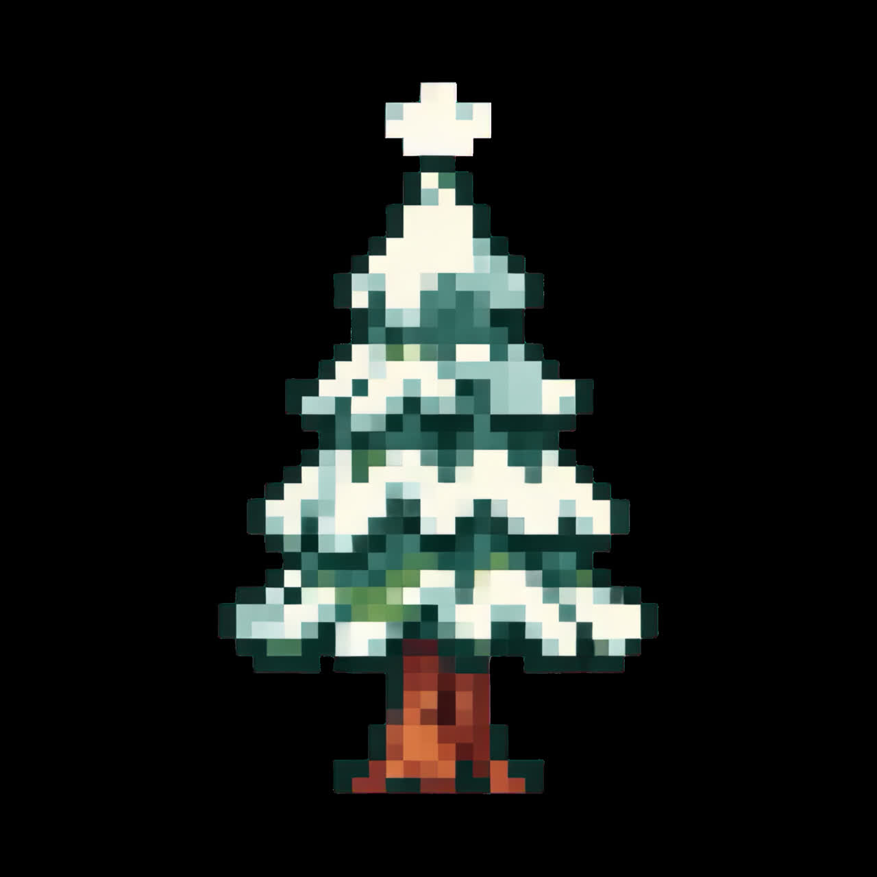 Pixelated snowy tree animation isolated asset, transparent 4K video, alpha channel, ProRes 4444
