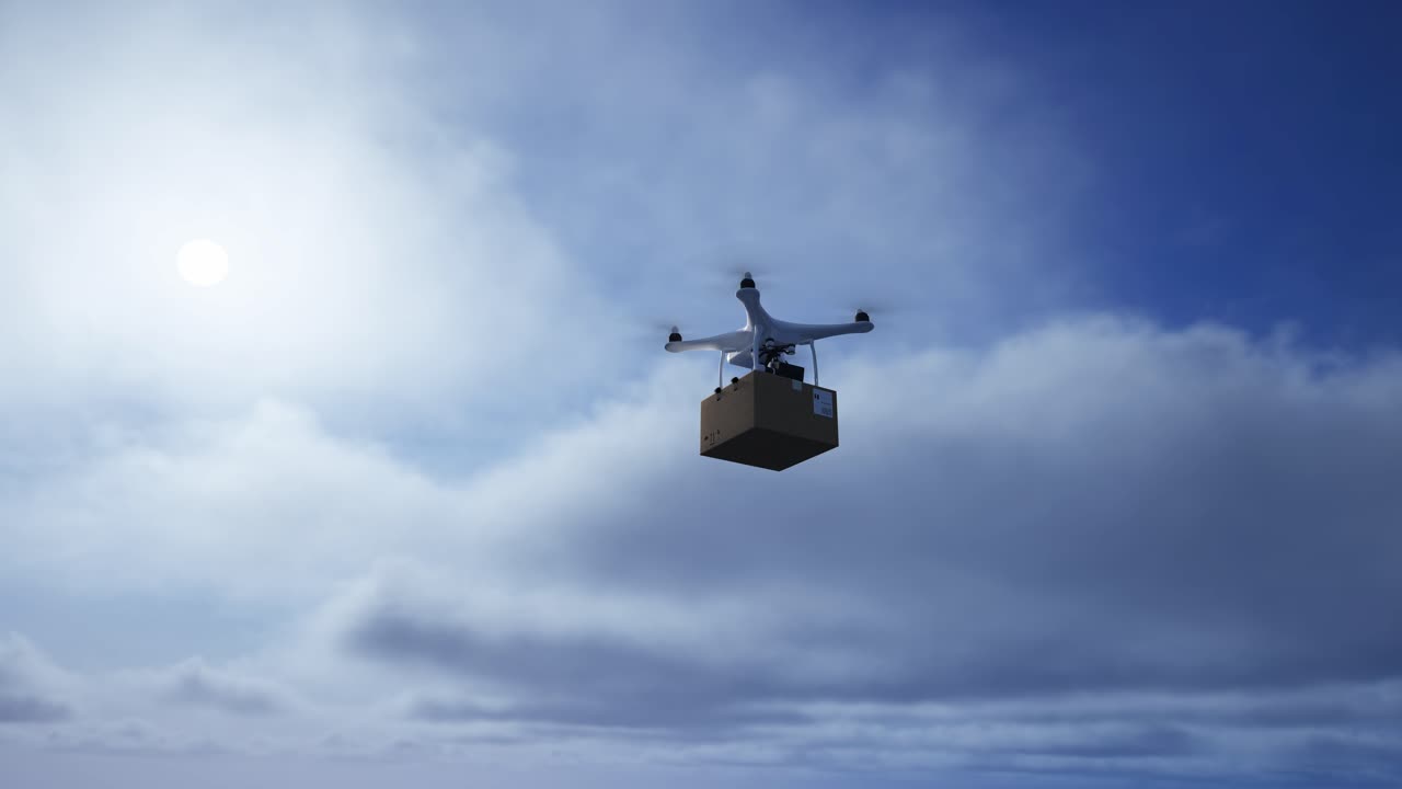 카드보드 패키지를 들고 하늘 배달 드론을 타고 비행