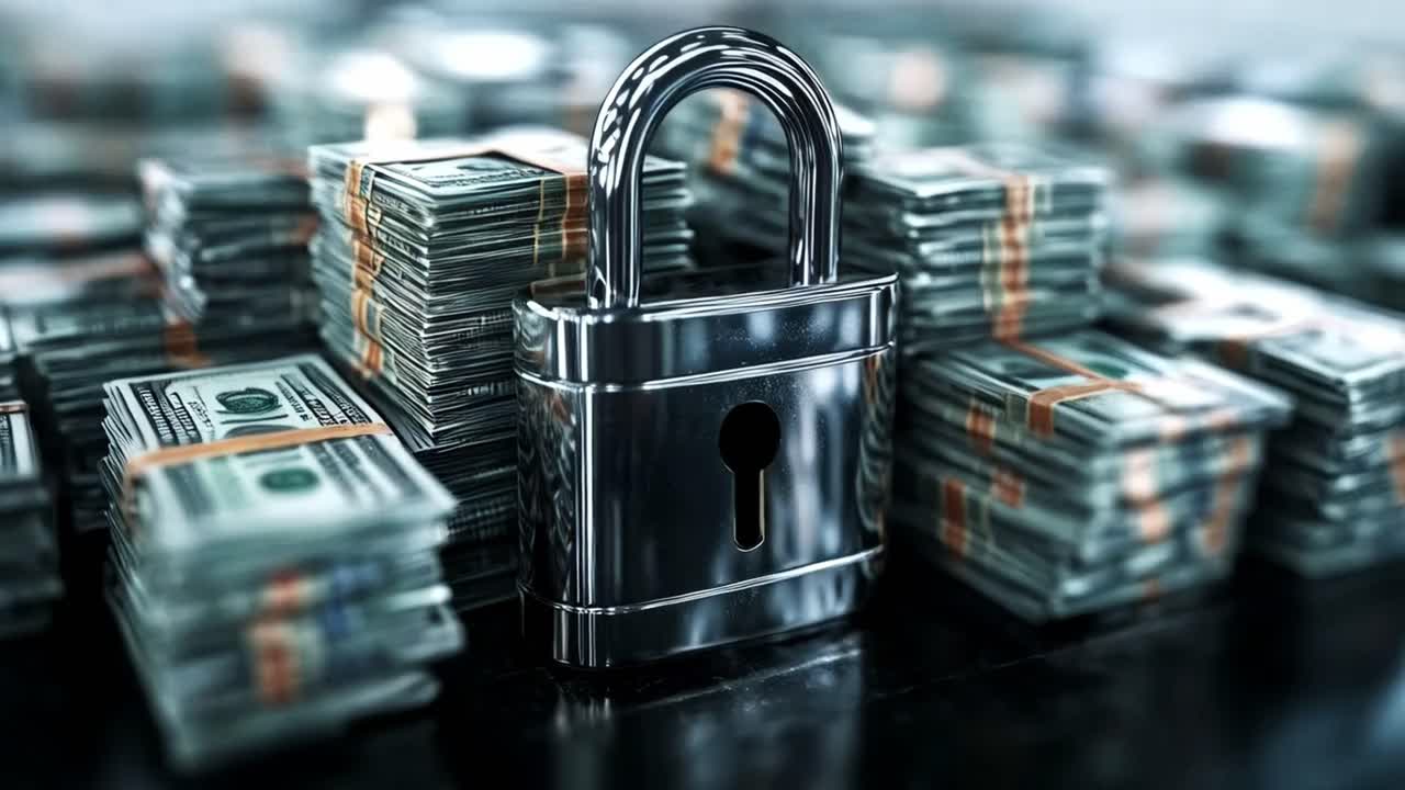Money security concept with padlock and stacks of money