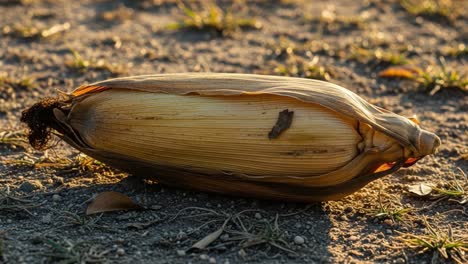 a close-up of a ripened corn cob displaying its unique texture and natural colors under a soft light on the ground, captured in two distinct frames