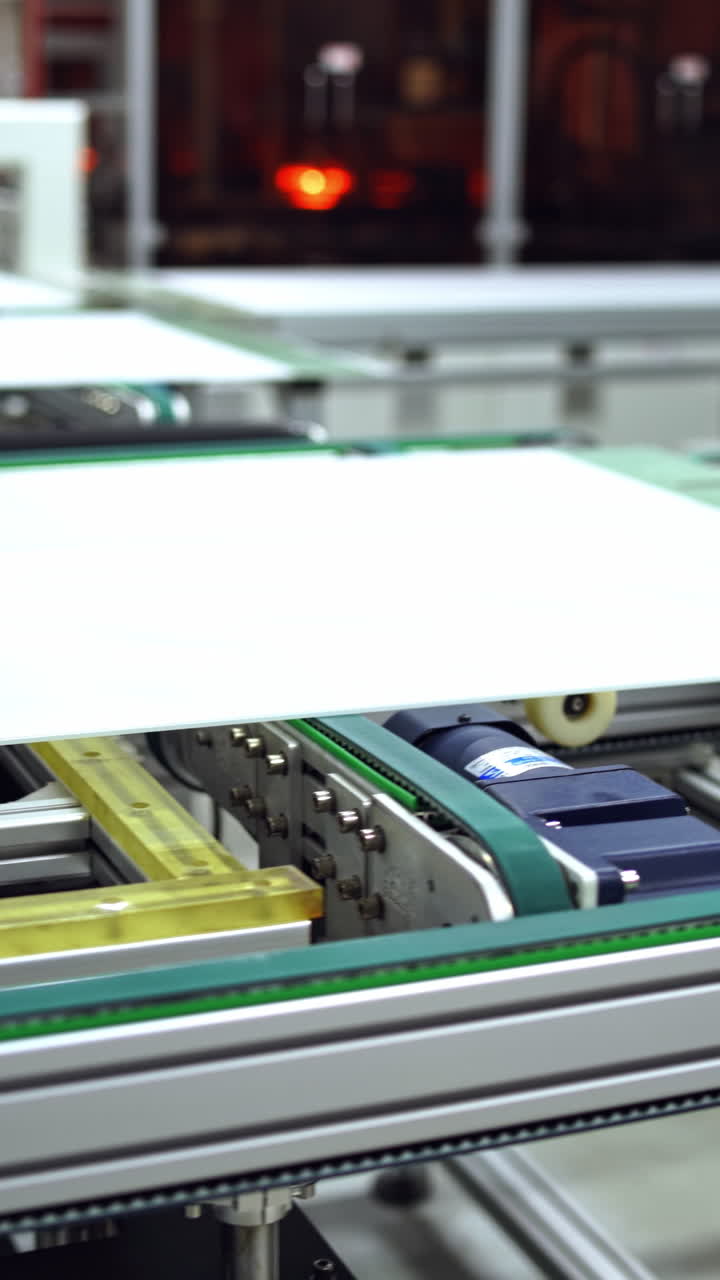 Working factory mechanism of making solar panels. Automated equipment for doing solar energy production. Innovation technology concept. Vertical video