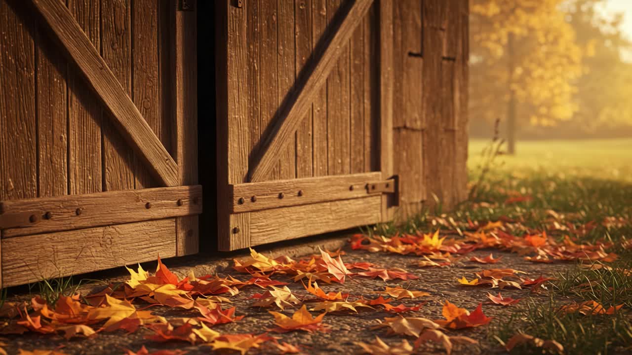 The Enchanted Passage: A Rustic Doorway Framed by Autumn Leaves, Inviting Mystery and Serenity into a Sunlit Landscape