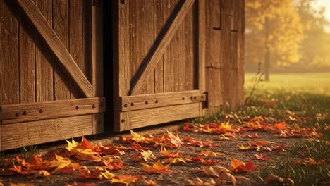 The Enchanted Passage: A Rustic Doorway Framed by Autumn Leaves, Inviting Mystery and Serenity into a Sunlit Landscape