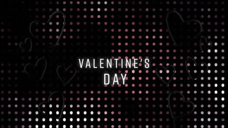 animation of valentine''s day text with neon hearts over light spots on black background