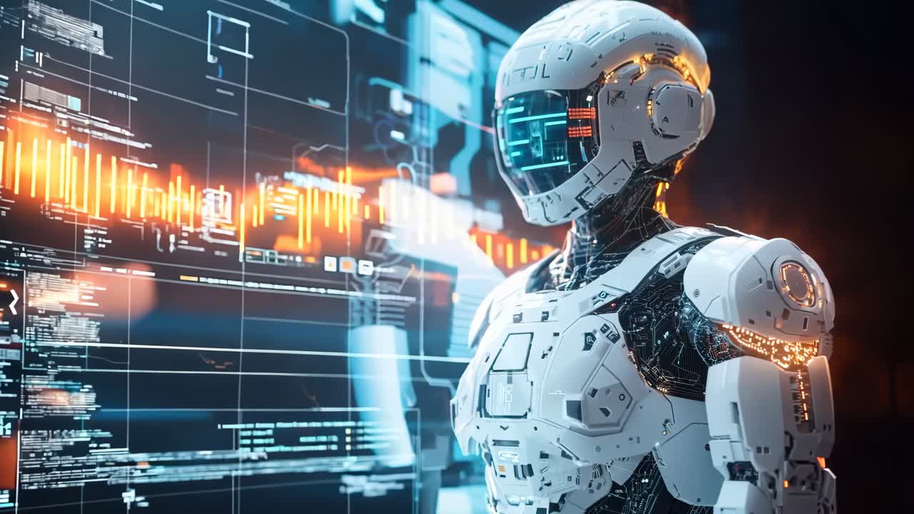 A robot standing in front of a computer screen