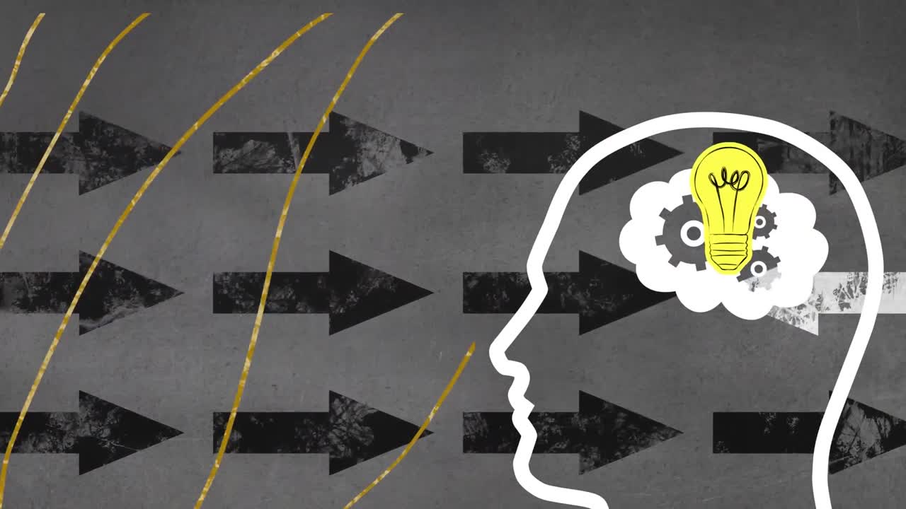 animación de una cabeza humana con una bombilla sobre flechas negras