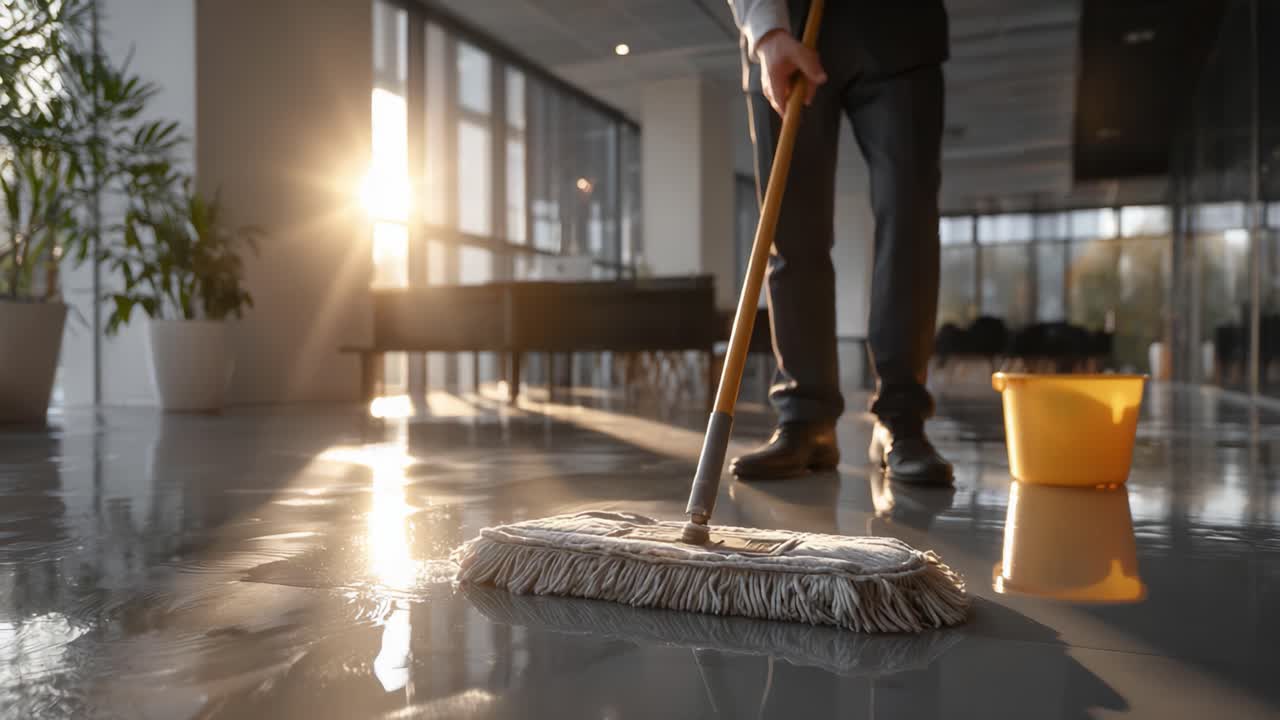 A Professional Worker Mops Gleaming Office Floors at Sunset, Showcasing the Care Taken in Maintaining a Clean and Inviting Workspace