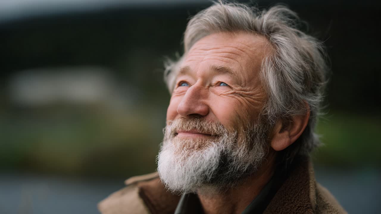 Un uomo anziano pensieroso, con la barba grigia e gli occhi azzurri scintillanti, guarda verso l'alto, riflettendo sulla vita, in un sereno scenario naturale avvolto in una luce soffusa.