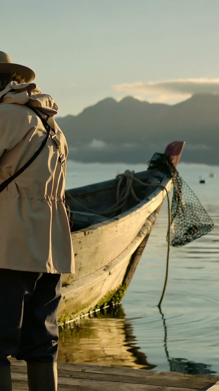 Vertical video: Boat rocking, turning fisher in wide hat and anorak securing mooring rope and net