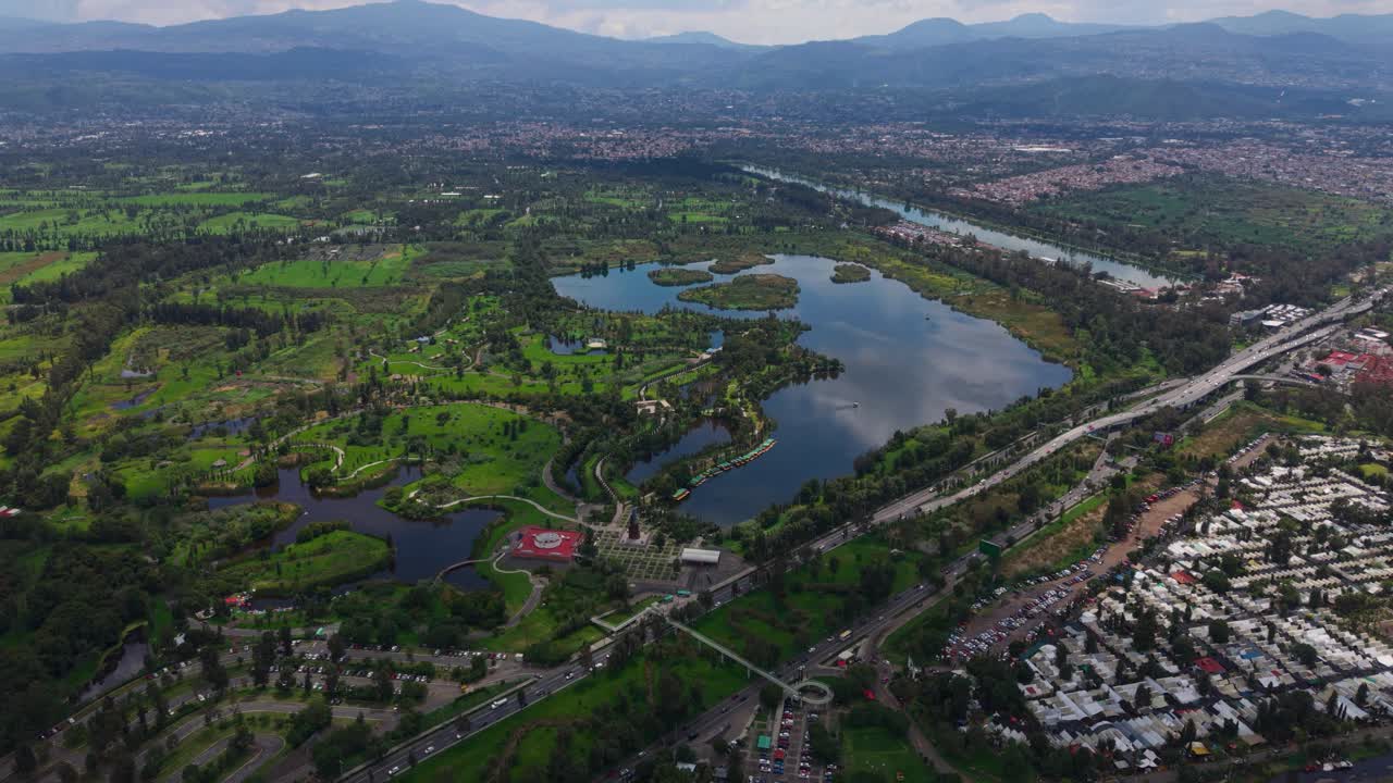 Sunny day drone shot of Xochimilco Ecological Park in Mexico City