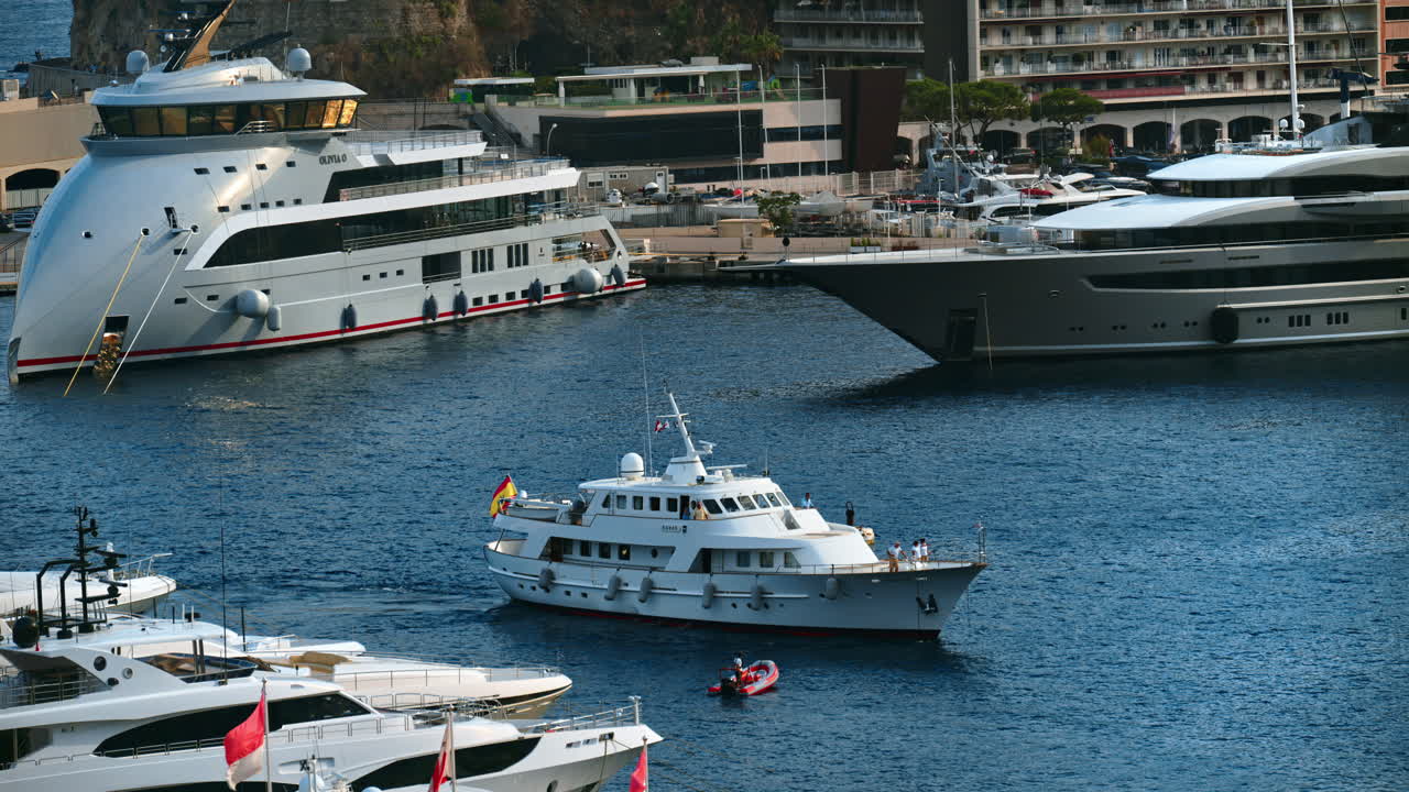 Aerial view of boats docked in the Monaco Marinain slow motion