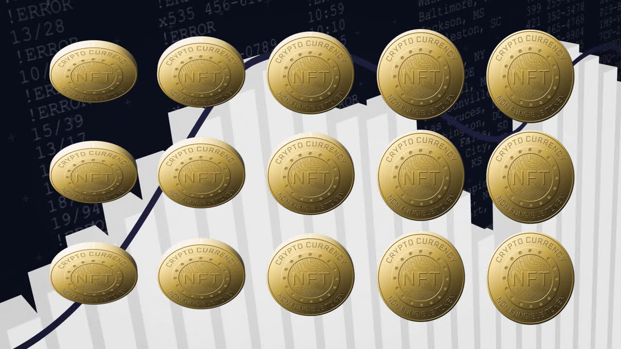 Displaying animation of gold NFT coins over rising financial chart in school