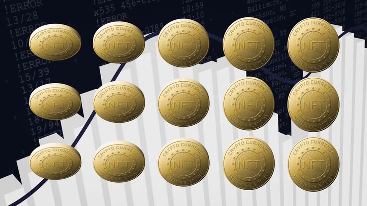 Animazione di monete NFT d'oro visualizzata su un grafico finanziario in aumento in un ambiente scolastico.