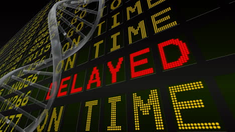 digital animation of dna structure spinning against airport information board