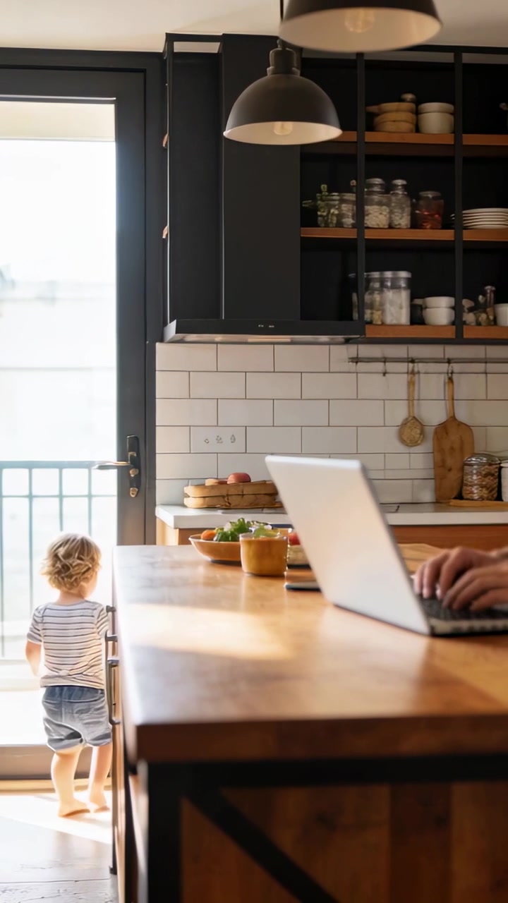 Video verticale: Bambino piccolo che si allunga esplorando una porta in cucina, toccando l'isola mentre il papà digita al laptop.