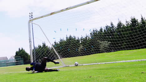 diving to save ball, soccer player near goalpost on grassy field animation