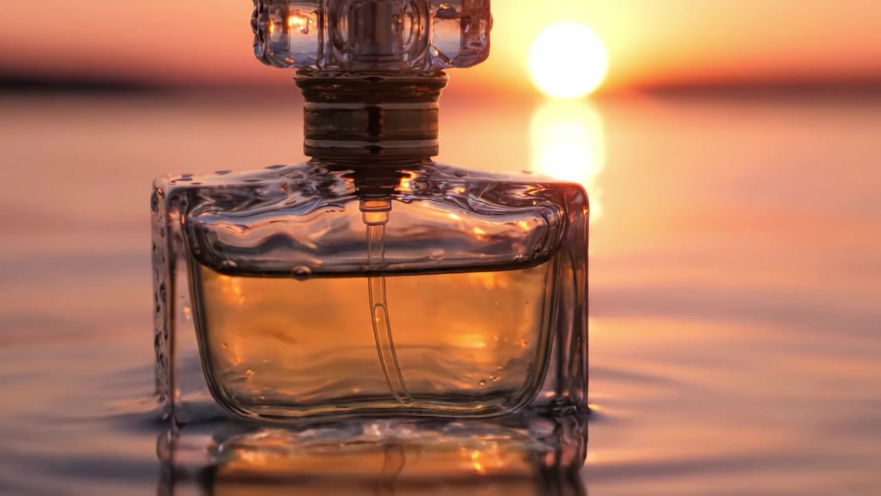 L'eleganza delicata di una bottiglia di profumo catturata al tramonto, che enfatizza il liquido luminoso e i riflessi sulla superficie dell'acqua in un ambiente sereno.