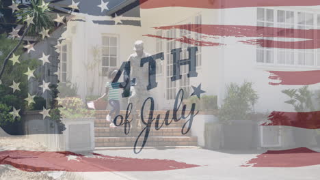 independence day text banner against african american soldier in uniform walking with his daughter