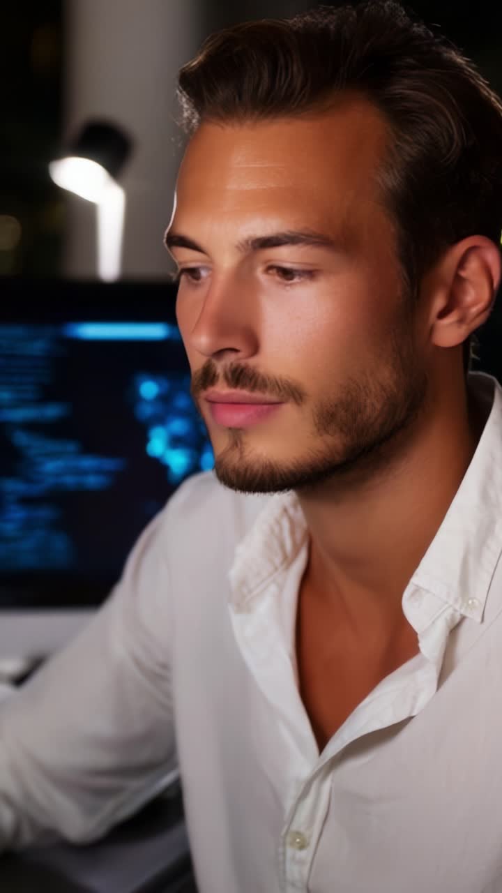 Giovane uomo concentrato che lavora alla scrivania con schermata di programmazione sullo sfondo, catturando coinvolgimento e intensità nel moderno ambiente di lavoro