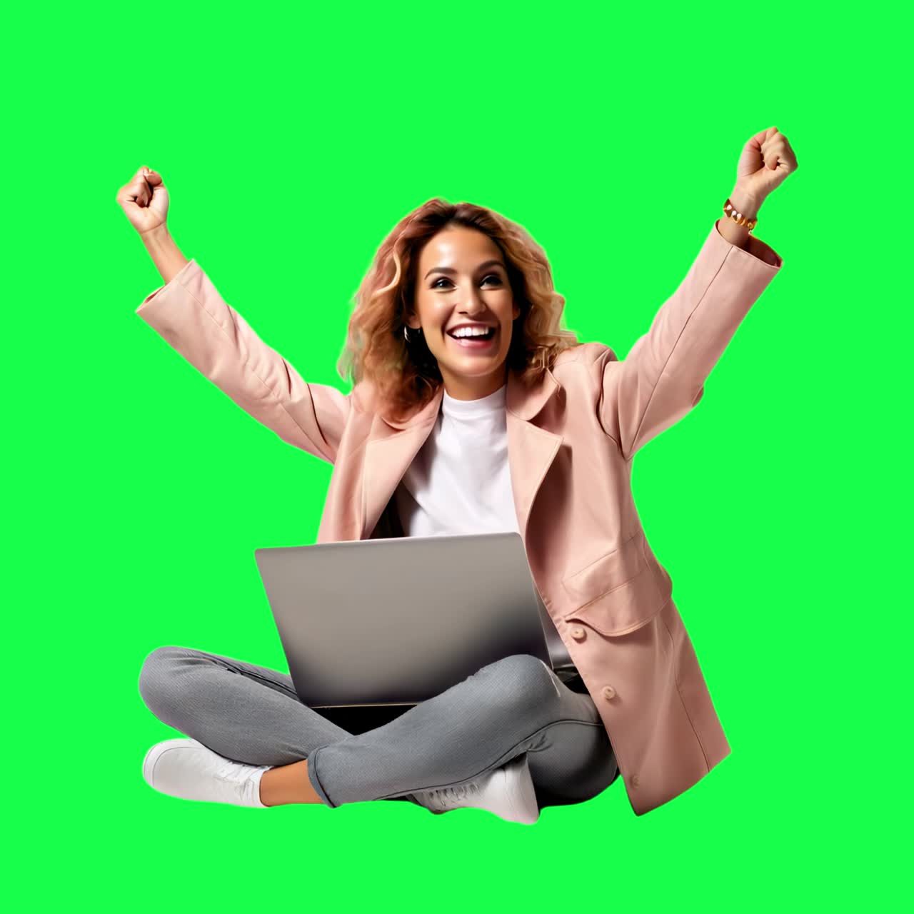 Excited woman with laptop success animation, transparent 4K video, green screen