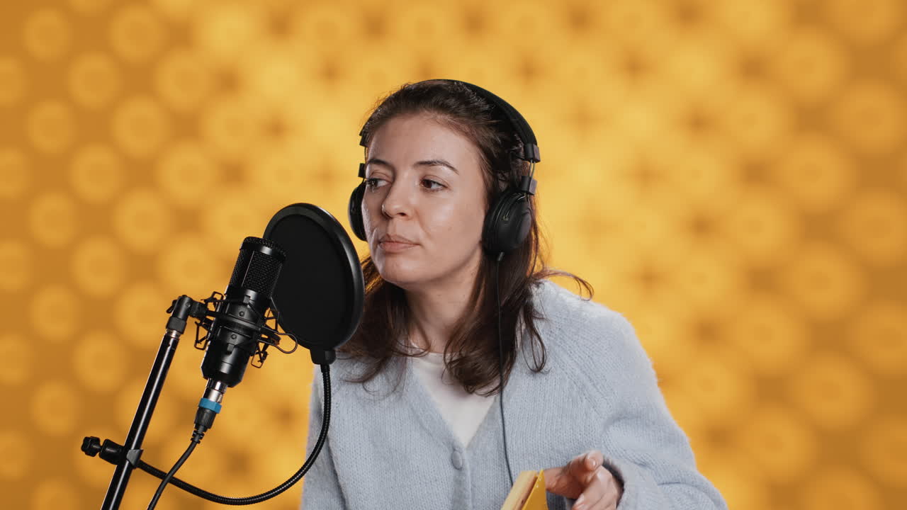 actor de grabación de voz audiolibro utilizando micrófono y auriculares