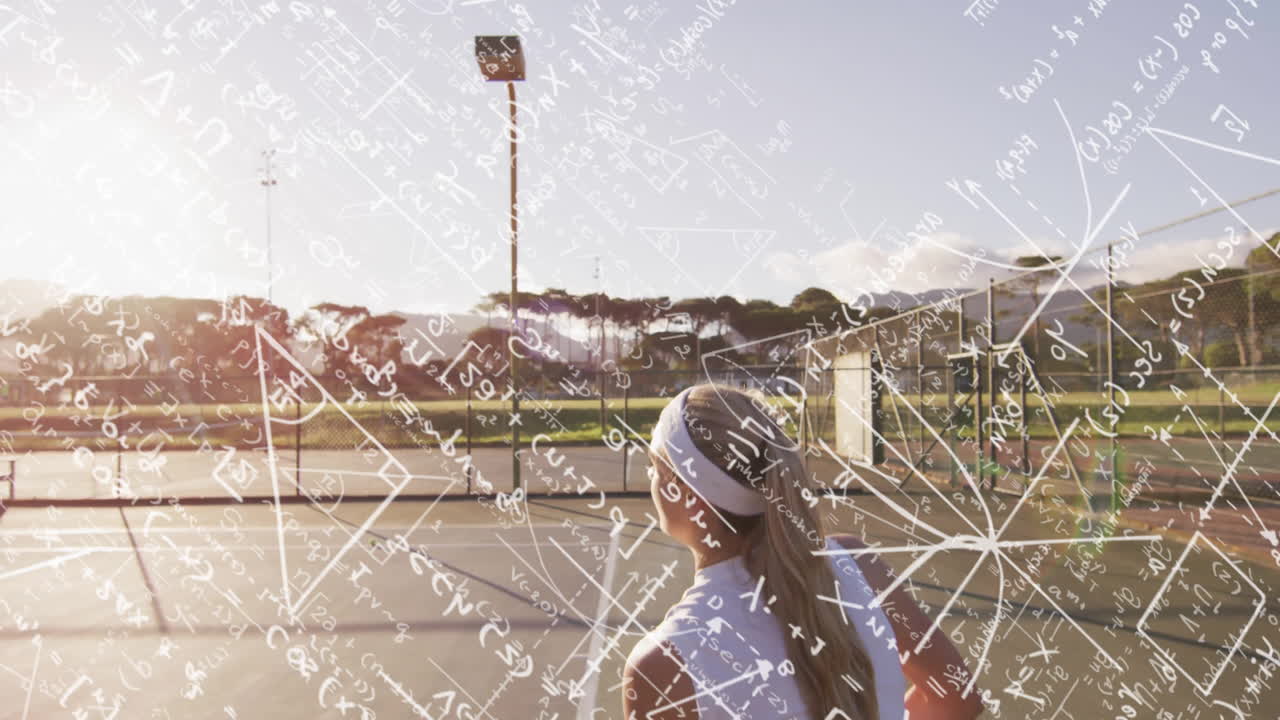 female tennis player practicing on outdoor court at golden hour, with sports tech formula overlays