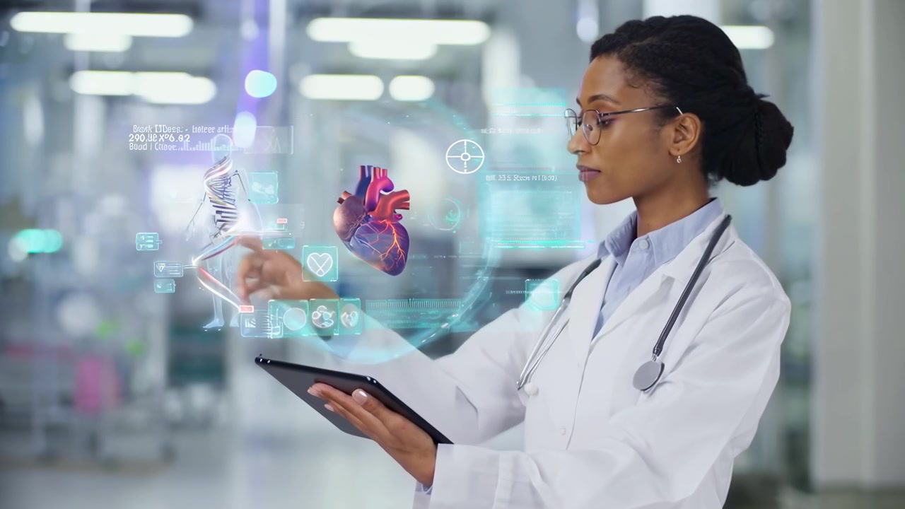 Doctora con datos médicos holográficos en tableta